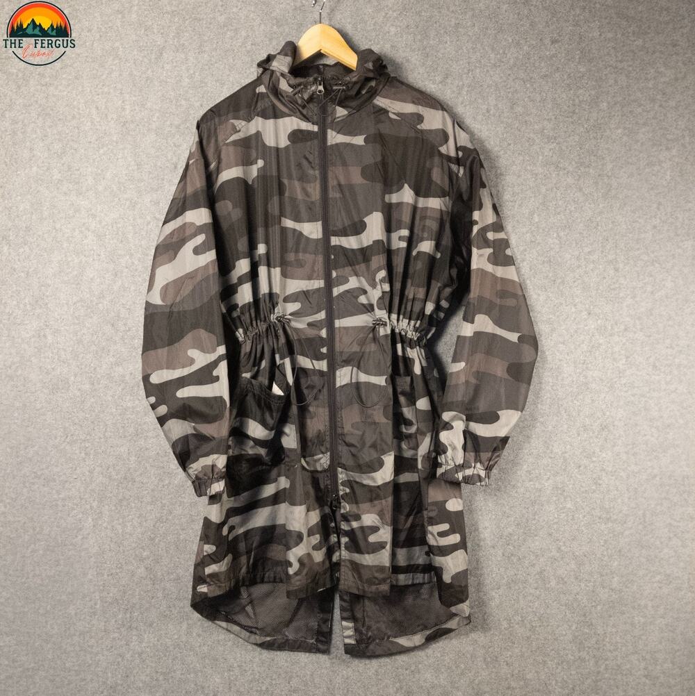 Xersion Windbreaker Jacket Gray Black Camouflage Full-Zip Hooded Women's Size L